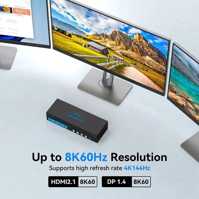 Alt view image 5 of 5 - 8K HDMI + 2 Displayport KVM Switch 3 Monitors 4 Computers 4K144Hz USB 3.0 KVM Switches Triple Monitor for 4 Computer Share 3 Monitor and 4 USB 3.0 Ports Support Extended/Copy Mode