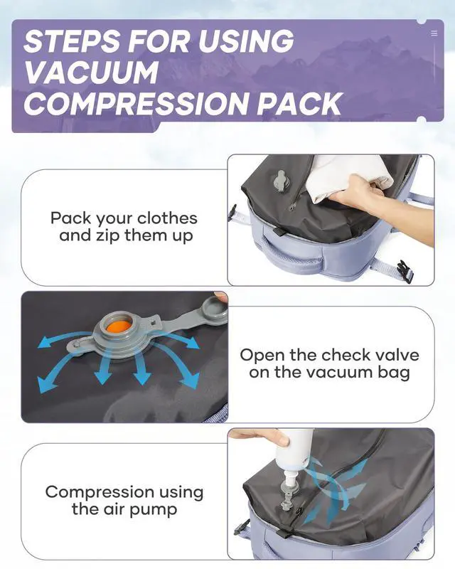 Alt view image 4 of 5 - suwasp Vacuum Travel Backpack with Electric Vacpack Pump for Women, 40L Expandable Vacuum Compression Bags Personal Item Backpack Flight Approved Vacuum Seal Backpack for Traveling, Light Purple