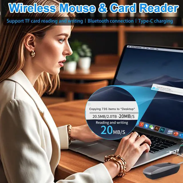 Alt view image 2 of 5 - Wireless Mouse Mini Small Bluetooth with Card Reader (Up to 2TB) Portable Silent Rechargeable Optical Travel Thin Finger Mice for PC Smartphone Laptop Tablet Android Windows GiftGray