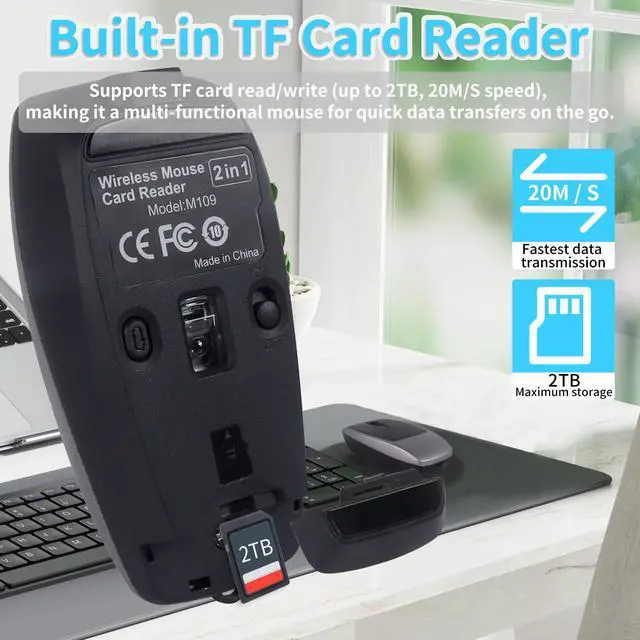 Alt view image 5 of 5 - Wireless Mouse Mini Small Bluetooth with Card Reader (Up to 2TB) Portable Silent Rechargeable Optical Travel Thin Finger Mice for PC Smartphone Laptop Tablet Android Windows GiftGray