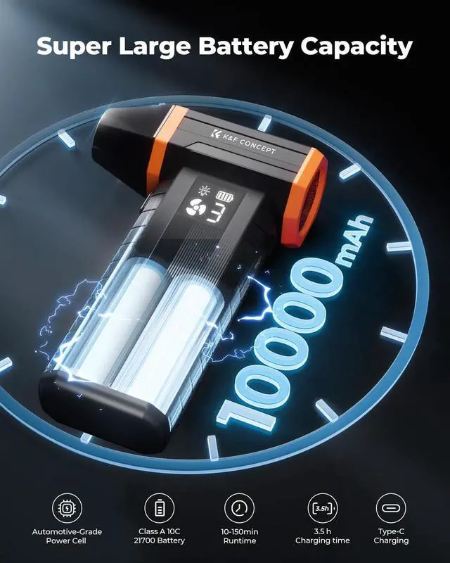 Alt view image 4 of 5 - K&F Concept Screen Display Electric Compressed Air Duster|350000RPM Vacuum Cleaner|LED Light|10000mah Battery|Super Wind Power| Rechargeable Brushless Motor|for Computer, Keyboard, Car, Home,Outdoor