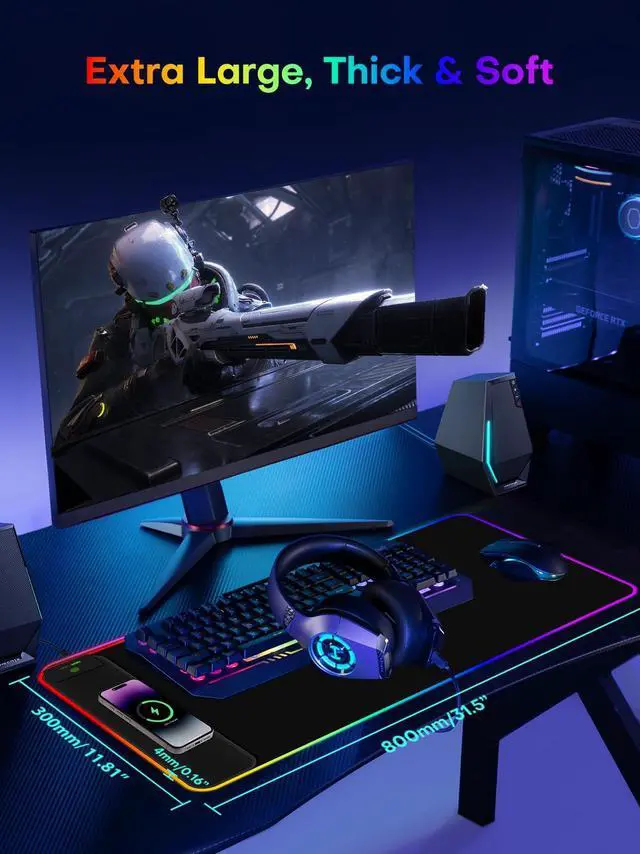 Alt view image 2 of 5 - abc.mat 2-in-1 RGB Gaming Mouse Pad with Wireless Charging, 31.5"x11.8" Large, 24 Light Effects, Non-Slip Base, Waterproof Ultra-Smooth Surface, No Adapter