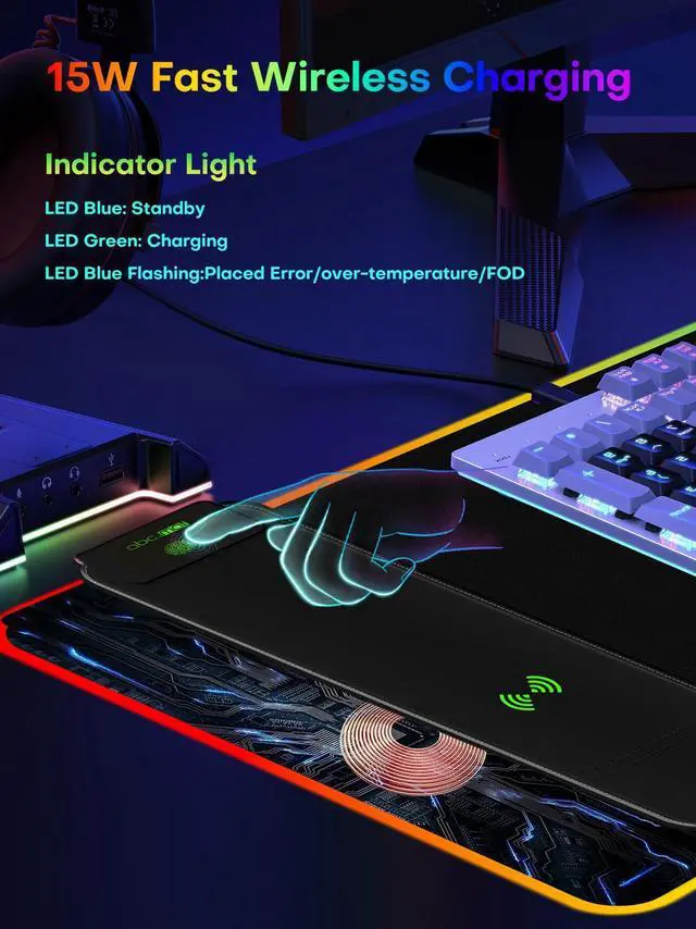 Alt view image 4 of 5 - abc.mat 2-in-1 RGB Gaming Mouse Pad with Wireless Charging, 31.5"x11.8" Large, 24 Light Effects, Non-Slip Base, Waterproof Ultra-Smooth Surface, No Adapter