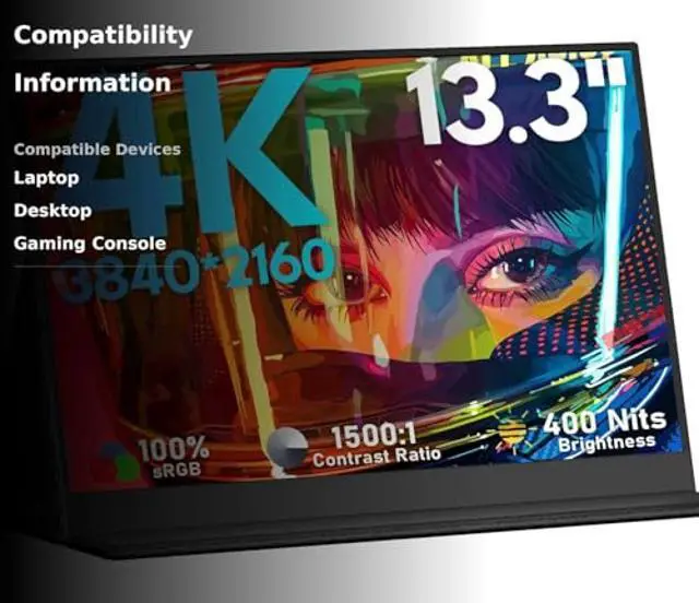 Alt view image 3 of 5 - KEEPTIME 4K Portable Monitor 15.6" 3840x2160 UHD USB-C HDMI Laptop Display, 100% Adobe RGB IPS Computer Gaming HDR Travel Monitor With Speakers & Smart Cover for Xbox PS5 Switch PC Phone