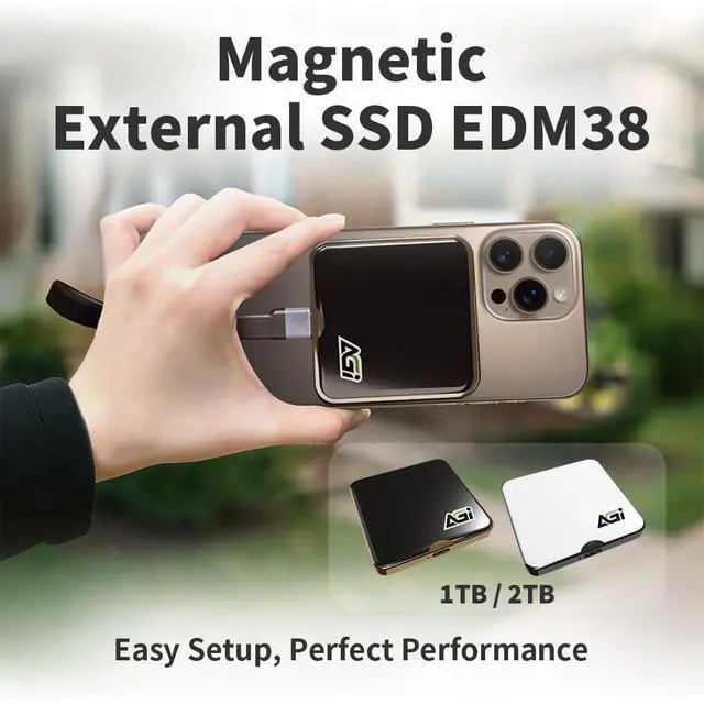 Alt view image 2 of 5 - AGI EDM38 Magnetic Portable 1TB SSD, 2050 MB/s Type-C USB 3.2 Gen 2x2 Storage(White), 4K ProRes Record and Store, External Solid State Drive for iPhone 16/15 Pro Max, Smartphone, Tablet, Laptop