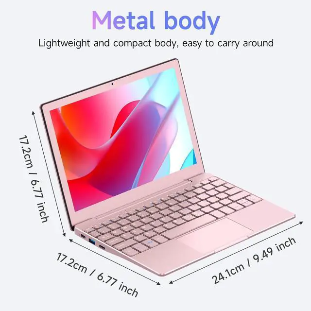 Alt view image 2 of 5 - Business Metal Mini Laptop Portable Computer Office Travel & Students, Laptop 10 Inch - CPU J4105, 12GB + 256GB SSD (Expandable), W11, WiFi, Student Laptop - Pink Laptop