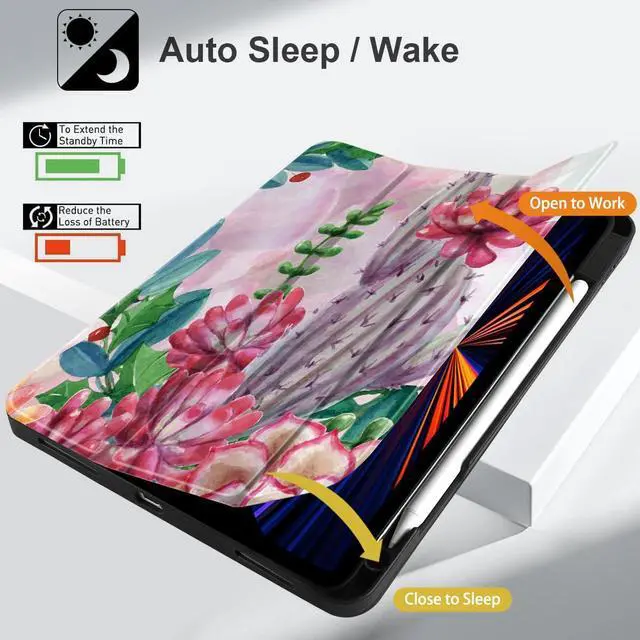 Alt view image 5 of 5 - Yebiseven Case for iPad 9th/8th/7th Generation 10.2 inch, Shockproof Tablet Case for iPad 10.2 inch 2022 2020 2019, Soft TPU Back Cover with Auto Wake/Sleep & Pencil Holder, Tropical Cacti