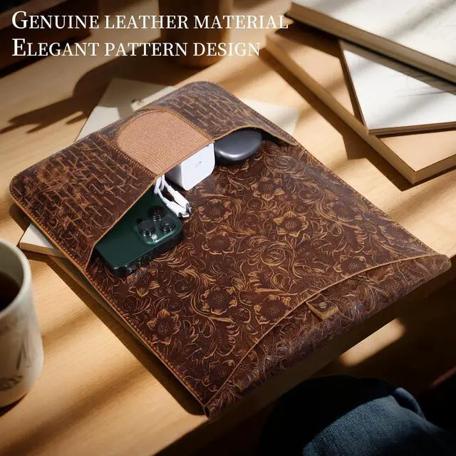 Alt view image 2 of 5 - Gexmil Genuine Laptop Sleeve 16 inch, 15-15.6 Inch Laptop Cover Compatible with MacBook Pro 16 M4 M3 M2 M1, HP Acer Dell Lenovo ASUS Notebook, Computer Sleeve Bag with Pocket, Floral Brown