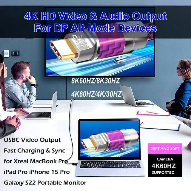 Alt view image 4 of 5 - USB C to C Cable 60FT,100W 4K60HZ Type C GEN2x2(Data usb2.0),USB C Video Output From USB3.2/ USB4.0 Fast Charging & Sync for Xreal MacBook Pro iPad Pro iPhone 15 Pro Galaxy S22 Portable Monitor