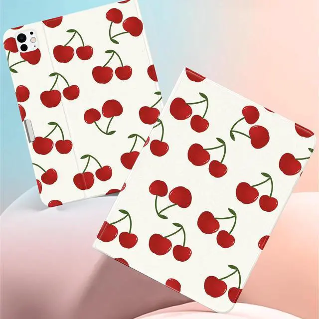Alt view image 2 of 5 - JOYLAND Lovely Cherry Pattern Case for iPad Pro 11 Inch 2022/2021/2020/2018,White Textured Folio Protective Case with Pencil Holder Multi-Angle View Adjustable Stand Auto Wake/Sleep