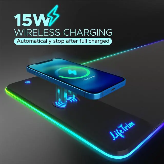 Alt view image 3 of 5 - LifeTrim Wireless Charger LED Mousepad 35.5 x 12 Inch RGB Gaming Mouse Pad 10 Light Modes 4mm Thick Large Desk Pad Wireless Charging Cool Mouse Pad for PC Accessories & Gaming Gifts