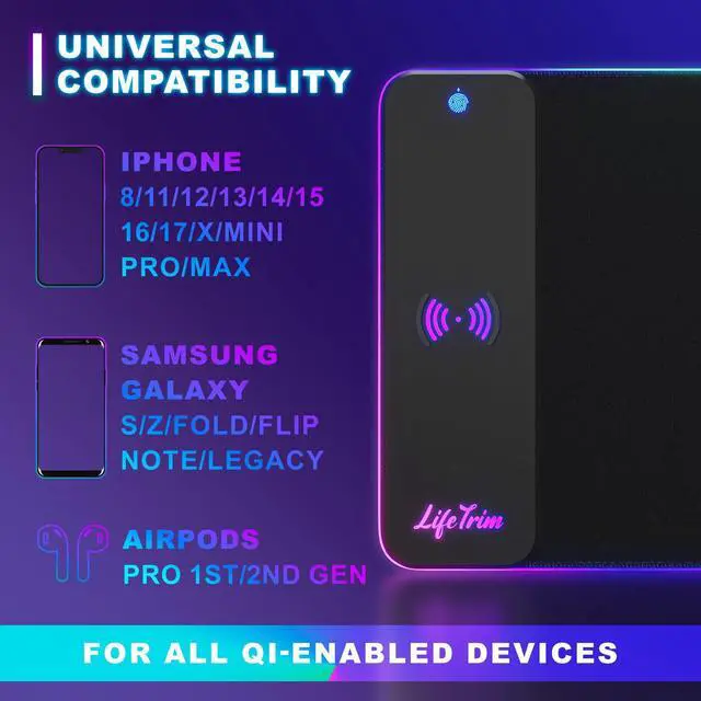 Alt view image 5 of 5 - LifeTrim Wireless Charger LED Mousepad 35.5 x 12 Inch RGB Gaming Mouse Pad 10 Light Modes 4mm Thick Large Desk Pad Wireless Charging Cool Mouse Pad for PC Accessories & Gaming Gifts