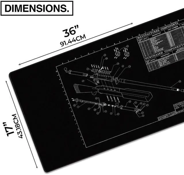 Alt view image 2 of 5 - MPCO. Blueprints Large Gaming Desk Pad - 36" x 17" Duraglyde Fabric Browning 50 Cal  Black Desk Mats - Non-Slip, Washable, Smooth Glide for Precision Gaming & Work