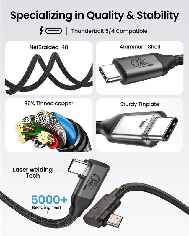 Alt view image 5 of 5 - Silkland 80Gbps Right Angle USB 4 Cable for Thunderbolt 5 Cable 10FT, 120Gbps Bandwidth for 16K/Dual 8K, 240W, 90 Degree Braided USB C Video Cable Compatible Thunderbolt 4/5, MacBook M4 Pro,Dock,eGPU