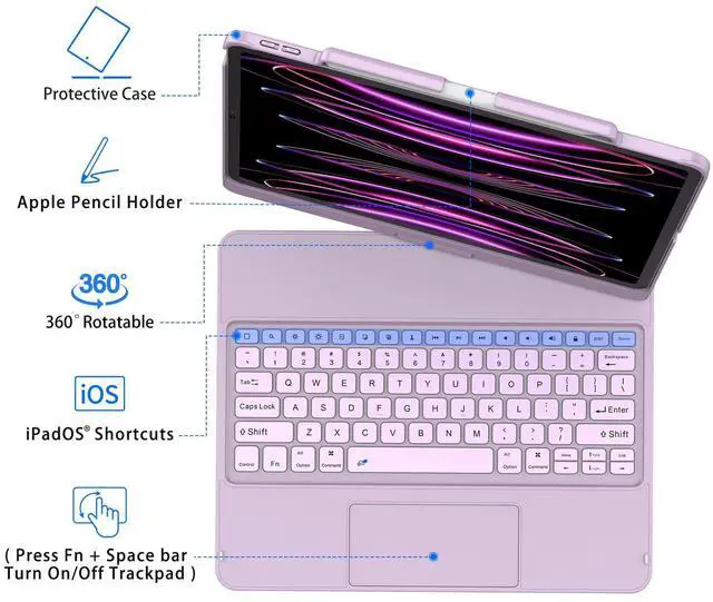 Alt view image 2 of 5 - GGH Touch for iPad Keyboard Case Air 13 (M3 2025 / M2 2024) &12.9 iPad Pro (6th,5th,4th,3rd Gen),360° Rotatable Protective Cover Multi-Touch Trackpad Keyboard Case with Pencil Holder - Light Purple