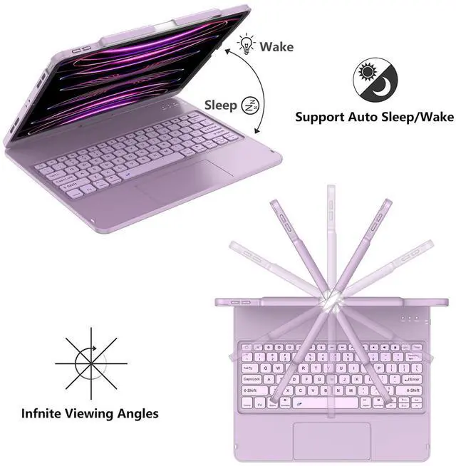 Alt view image 3 of 5 - GGH Touch for iPad Keyboard Case Air 13 (M3 2025 / M2 2024) &12.9 iPad Pro (6th,5th,4th,3rd Gen),360° Rotatable Protective Cover Multi-Touch Trackpad Keyboard Case with Pencil Holder - Light Purple