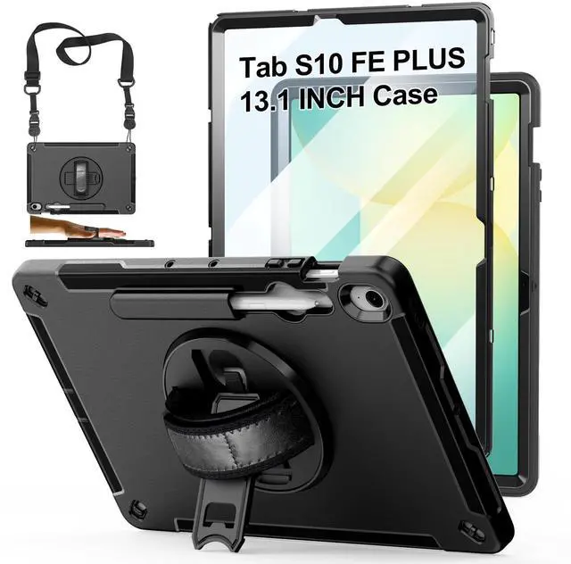 Main image of Case for Galaxy Tab S10 FE Plus 13.1" 2025: TPU Cover for Samsung Tablet S10 FE Plus/+ 13.1 Inch with Screen Protector- Stand- Handle-Shoulder Strap-S-Pen Holder-Black+Black