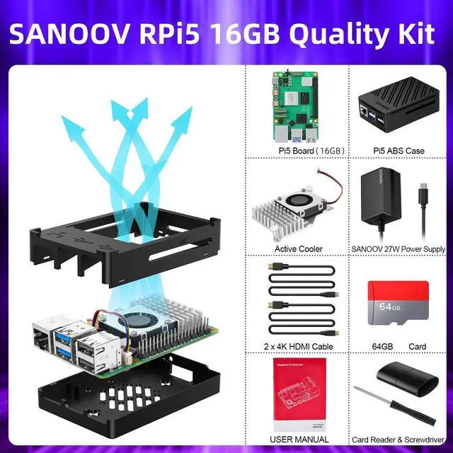 Alt view image 2 of 5 - SANOOV Starter Kit for Raspberry Pi 5 16GB RAM with Active Cooler,27W 5.1V5A Pi 5 Power Supply,64GB Eidtion Card Reader Kit,Pi 5 ABS Case,Daul 4K HD Out Cables,Screwdriver and User Manual Included