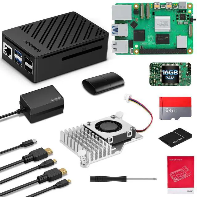 Main image of SANOOV Starter Kit for Raspberry Pi 5 16GB RAM with Active Cooler,27W 5.1V5A Pi 5 Power Supply,64GB Eidtion Card Reader Kit,Pi 5 ABS Case,Daul 4K HD Out Cables,Screwdriver and User Manual Included