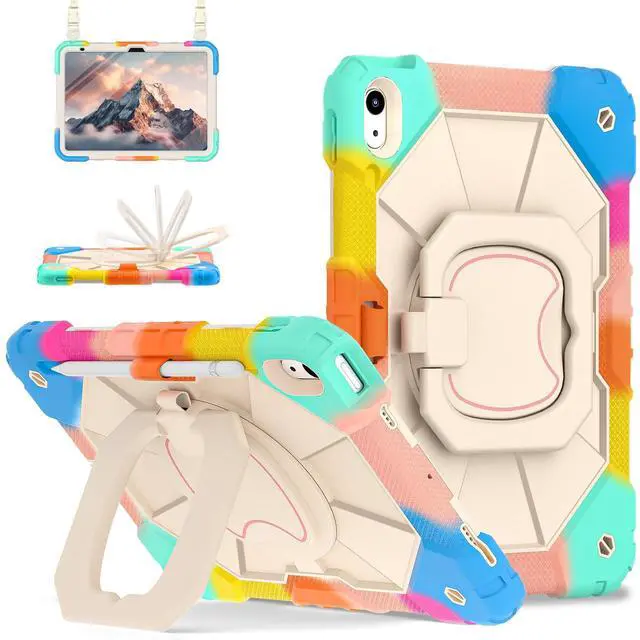 Main image of Detck Case for iPad (A16) 11th Generation 11" 2025/10th Gen 10.9" 2022: Military-Grade Drop-Proof Silicone Cover with Built-in Screen Protector, Shoulder Strap, Rotating Stand, Rainbow