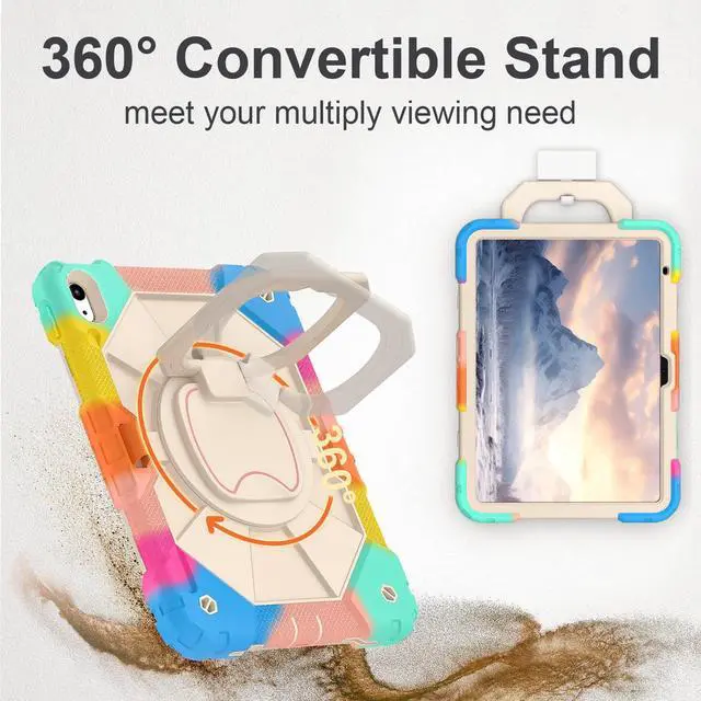 Alt view image 4 of 5 - Detck Case for iPad (A16) 11th Generation 11" 2025/10th Gen 10.9" 2022: Military-Grade Drop-Proof Silicone Cover with Built-in Screen Protector, Shoulder Strap, Rotating Stand, Rainbow