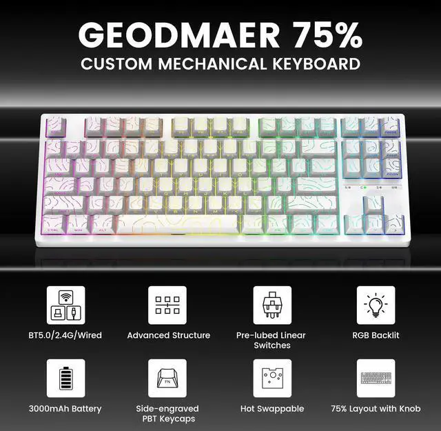 Alt view image 2 of 5 - GEODMAER GR87 Wireless Mechanical Keyboard, 75% Hot Swappable Custom Gaming Keyboard, Pre-lubed Linear Switches, RGB Backlit, Side Printed PBT Keycaps, Tri Mode 2.4GHz/USB-C/BT5.0, for PC/Laptop
