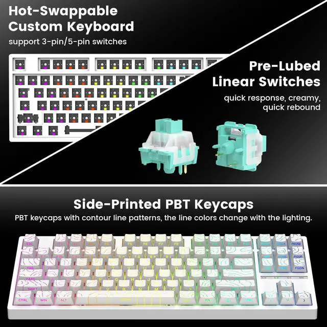 Alt view image 4 of 5 - GEODMAER GR87 Wireless Mechanical Keyboard, 75% Hot Swappable Custom Gaming Keyboard, Pre-lubed Linear Switches, RGB Backlit, Side Printed PBT Keycaps, Tri Mode 2.4GHz/USB-C/BT5.0, for PC/Laptop