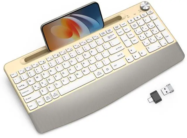 Main image of GAMCATZ Ergonomic Wireless Keyboard with Wrist Rest-Low-Profile,Phone/Tablet Holder,Quiet DesignWindows & Mac OSFull Size Cordless USB Computer Keyboard for Desktop,Laptop, PC, Mac, Windows-Gold