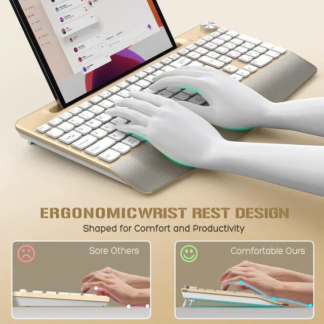 Alt view image 2 of 5 - GAMCATZ Ergonomic Wireless Keyboard with Wrist Rest-Low-Profile,Phone/Tablet Holder,Quiet DesignWindows & Mac OSFull Size Cordless USB Computer Keyboard for Desktop,Laptop, PC, Mac, Windows-Gold