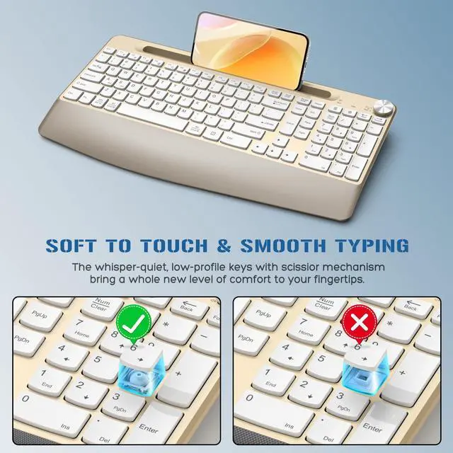 Alt view image 3 of 5 - GAMCATZ Ergonomic Wireless Keyboard with Wrist Rest-Low-Profile,Phone/Tablet Holder,Quiet DesignWindows & Mac OSFull Size Cordless USB Computer Keyboard for Desktop,Laptop, PC, Mac, Windows-Gold