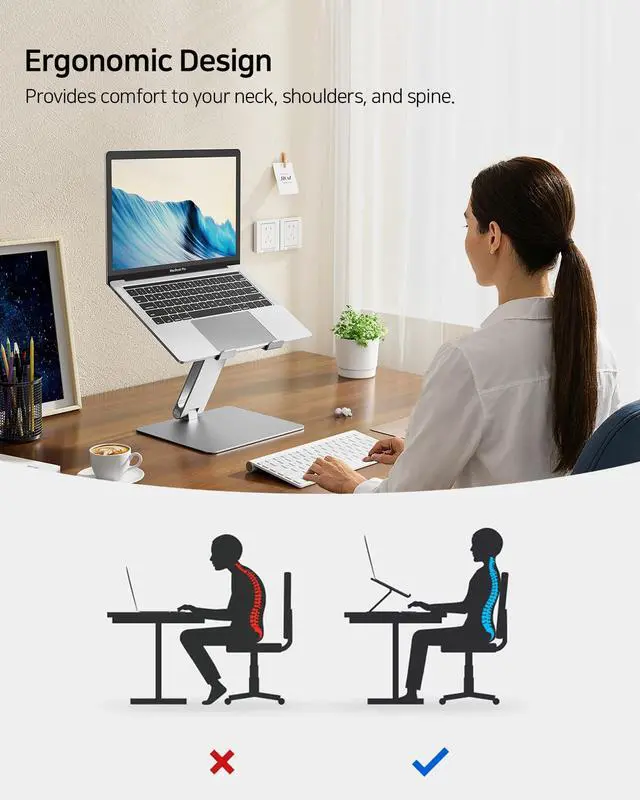 Alt view image 3 of 5 - SOYMIX Ergonomic Laptop Stand  Adjustable Height Aluminum Riser, Ventilated Design for Improved Cooling, Neck & Back Pain Relief, Fits 10-17 Laptops & Tablets, Home Office Portable Holder, Silver