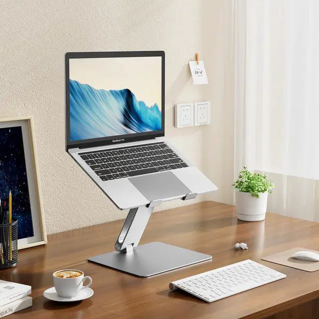 Alt view image 2 of 5 - SOYMIX Ergonomic Laptop Stand  Adjustable Height Aluminum Riser, Ventilated Design for Improved Cooling, Neck & Back Pain Relief, Fits 10-17 Laptops & Tablets, Home Office Portable Holder, Silver