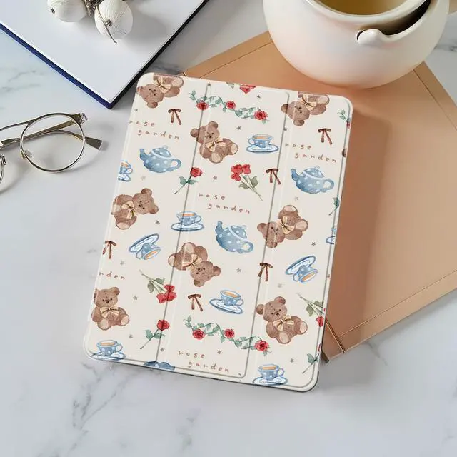 Alt view image 3 of 5 - Idocolors Cute Kawaii Rose Teddy Bear Pad Case for 10.9 Inch iPad 2022/2025(iPad 10th/11th Gen), Clear TPU Smart Stand Back Cover with Pencil Holder, Auto Wake/Sleep Case for Women Girls