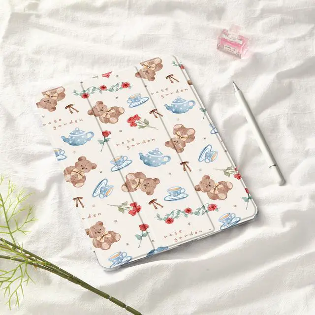 Alt view image 2 of 5 - Idocolors Cute Kawaii Rose Teddy Bear Pad Case for 10.9 Inch iPad 2022/2025(iPad 10th/11th Gen), Clear TPU Smart Stand Back Cover with Pencil Holder, Auto Wake/Sleep Case for Women Girls
