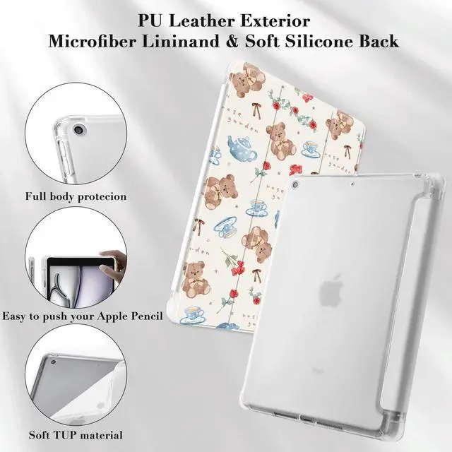 Alt view image 5 of 5 - Idocolors Cute Kawaii Rose Teddy Bear Pad Case for 10.9 Inch iPad 2022/2025(iPad 10th/11th Gen), Clear TPU Smart Stand Back Cover with Pencil Holder, Auto Wake/Sleep Case for Women Girls