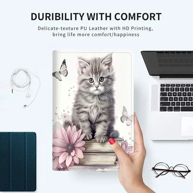 Alt view image 5 of 5 - Case for All-New Amazon Kindle Fire HD 8 & 8 Plus Tablet(12th/10th Generation, 2024/2022/2020 Release) 8" Slim PU Leather Adjustable Smart Shell Cover with Auto Wake/Sleep, Cute Cat Butterfly