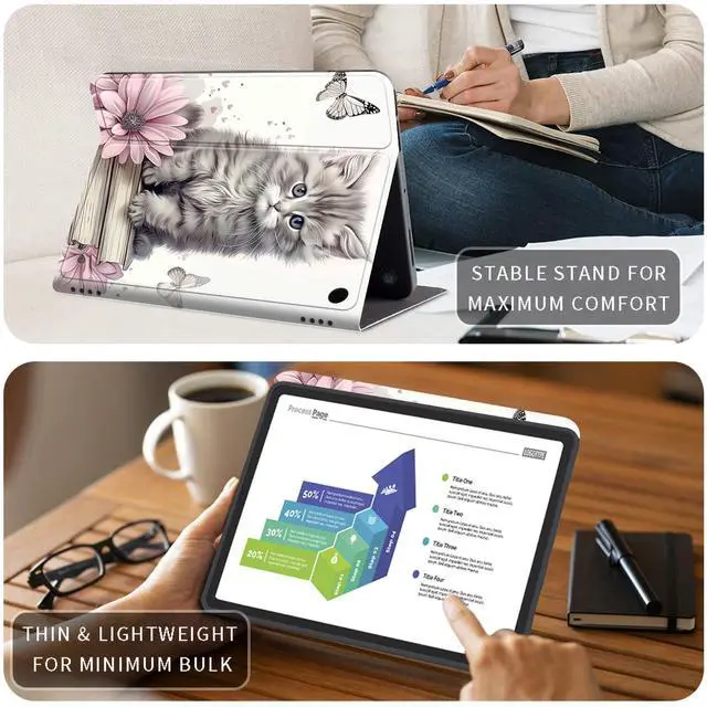 Alt view image 4 of 5 - Case for All-New Amazon Kindle Fire HD 8 & 8 Plus Tablet(12th/10th Generation, 2024/2022/2020 Release) 8" Slim PU Leather Adjustable Smart Shell Cover with Auto Wake/Sleep, Cute Cat Butterfly