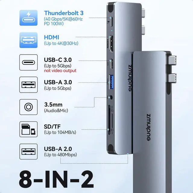 Alt view image 2 of 5 - USB C Hub Adapter for MacBook Pro Air 2022 2021 2020 2019 Docking Station for MacBook M1 M2 USB C to HDMI Mac Accessories Multiport Dongle with 4K HDMI USB 3.0 SD TF Thunderbolt 3 USB-C Port Type C
