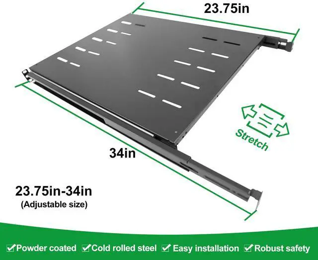 Alt view image 2 of 5 - 1U Sliding Shelf Tray 19in Mount Keyboard Shelf Tray, Adjustable Depth 23.75 to 34in Sliding Tray for Server Rack/Cabinet Steel Pull Out Drawer for Racks 240LBS Weight Capacity(SLD-1U23.75-34)