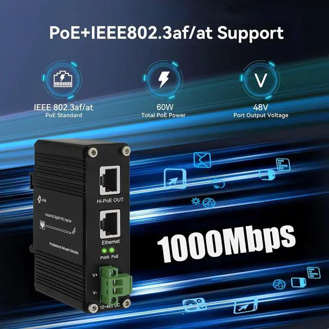 Alt view image 3 of 5 - Gigabit Hi-PoE Injector - Industrial Gigabit PoE+ Injector IEEE802.3af/at 60W Hardened POE Adapter with 12-48V DC Input DIN- Rail, Wall Mount, Aluminum Alloy Metal Housing