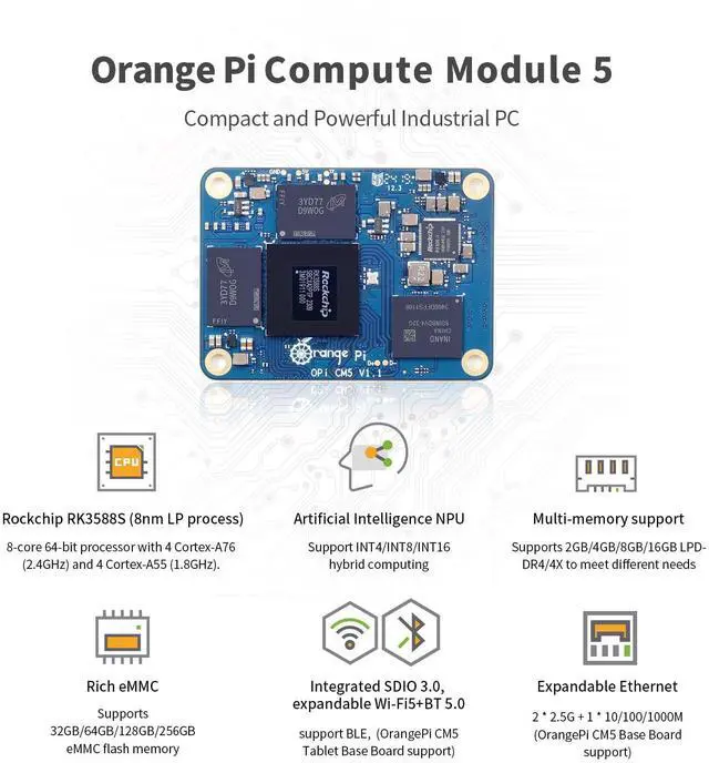 Alt view image 3 of 5 - Orange Pi CM5 Core Board 4GB/8GB/16GB LPDDR4/4x Rockchip RK3588S with 32GB eMMC, Orange Pi CM5 Single Board Computer Run Linux/Ubuntu/Debian/Android OS (16GB)