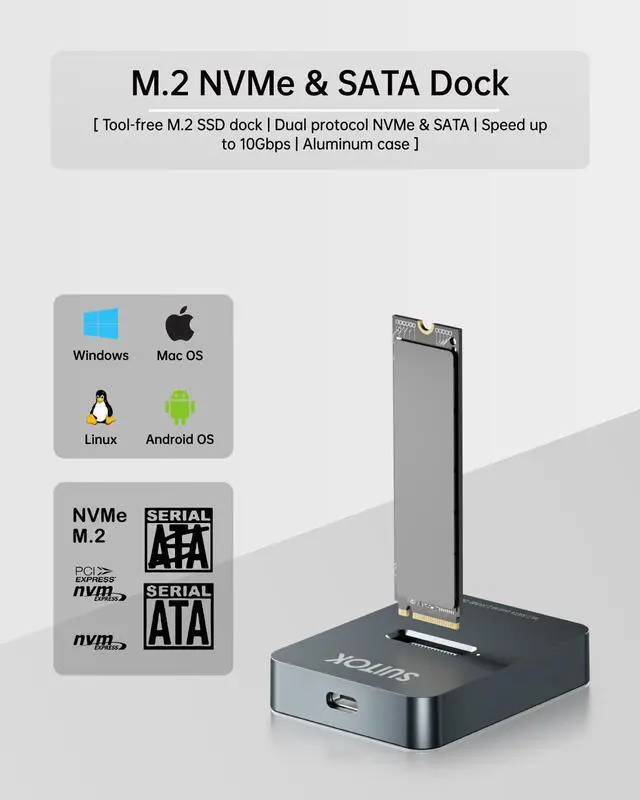 Alt view image 2 of 5 - SUITOK M.2 NVMe SSD Reader External, 10Gbps to USB Adapter for Both M.2 (M Key, B+M Key) NVMe and SATA NGFF SSD Dock, Size for M2 22110 2280 2260 2242 2230 Drive Docking Station - Aluminum Alloy