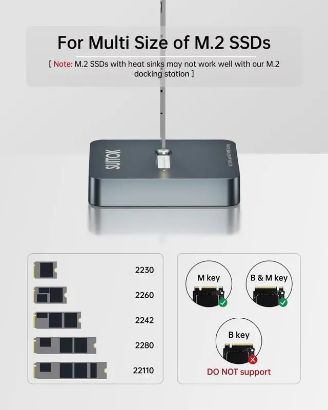 Alt view image 3 of 5 - SUITOK M.2 NVMe SSD Reader External, 10Gbps to USB Adapter for Both M.2 (M Key, B+M Key) NVMe and SATA NGFF SSD Dock, Size for M2 22110 2280 2260 2242 2230 Drive Docking Station - Aluminum Alloy