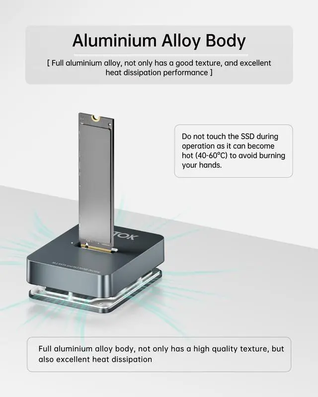 Alt view image 5 of 5 - SUITOK M.2 NVMe SSD Reader External, 10Gbps to USB Adapter for Both M.2 (M Key, B+M Key) NVMe and SATA NGFF SSD Dock, Size for M2 22110 2280 2260 2242 2230 Drive Docking Station - Aluminum Alloy