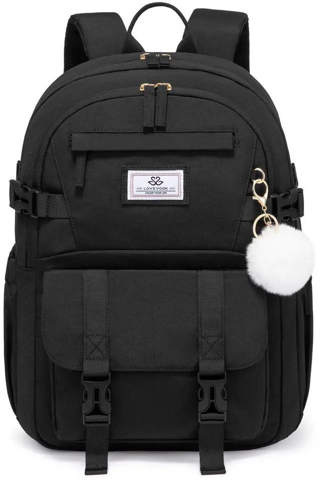 LOVEVOOK Back to School Backpack for Teen Girls Boys, Cute Bookbag for 12-16 Student, Aesthetic Travel Laptop Backpack Purse, Middle High College School Backpack with Large Cup Holder, Black, 15.6"