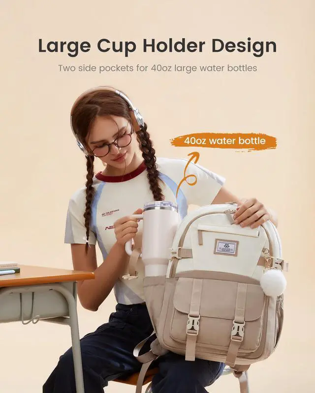 Alt view image 4 of 5 - LOVEVOOK Back to School Backpack for Teen Girls Boys, Cute Bookbag for 12-16 Student, Aesthetic Travel Laptop Backpack Purse, Middle High College School Backpack with Large Cup Holder, Black, 15.6"