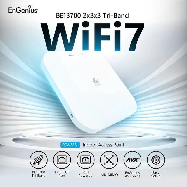 Alt view image 2 of 5 - EnGenius Wi-Fi 7 Lite Tri-Band Access Point - Cloud Managed 13.7Gbps Speed, 2x3x3 MIMO, 320MHz Channels, MLO Technology, 2.5GbE PoE+, 1200 Sq Ft Coverage - ECW516L