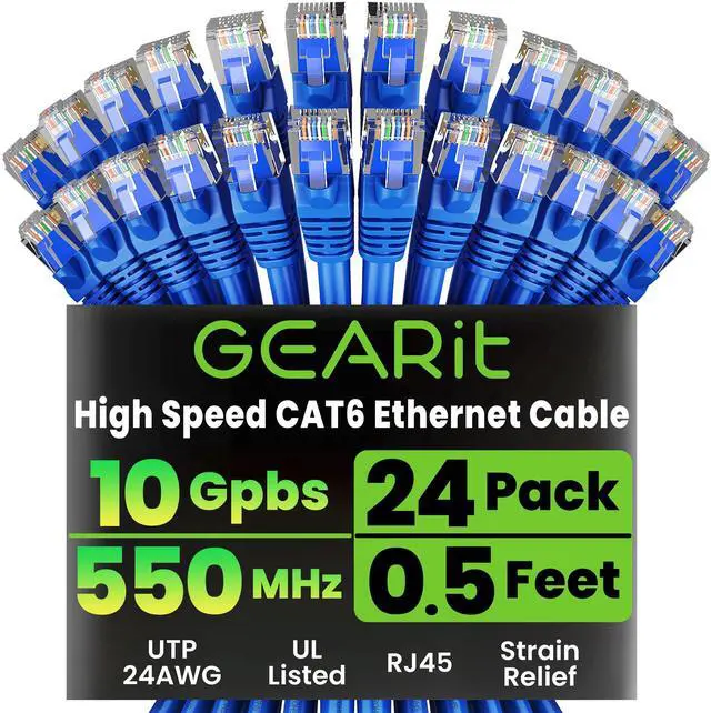 Main image of GearIT Cat 6 Ethernet Cable Pack - 24-Pack 0.5 ft Cat6 Ethernet Patch Cables | RJ45 Network Patch Cable, 10 Gbps Snagless Gold-Plated Connectors - Ethernet Cable Cat 6 for PC, TV, Router - Blue