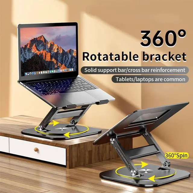 Alt view image 2 of 5 - Einprovken Aluminum Laptop Stand for Desk with 360 Rotating Base, Foldable Computer Stand Compatible with Laptops up to 17.3 inches, Ergonomic Laptop Riser with Heat-Vent (Grey A)