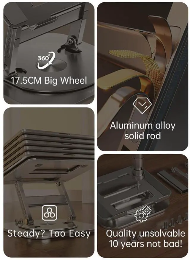Alt view image 3 of 5 - Einprovken Aluminum Laptop Stand for Desk with 360 Rotating Base, Foldable Computer Stand Compatible with Laptops up to 17.3 inches, Ergonomic Laptop Riser with Heat-Vent (Grey A)